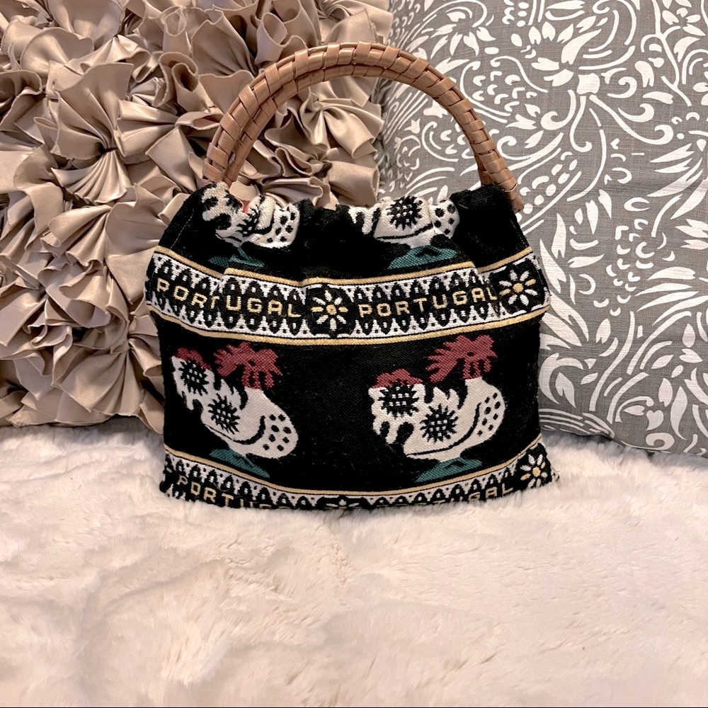 Rooster Rug Fabric Tote Bamboo Handles